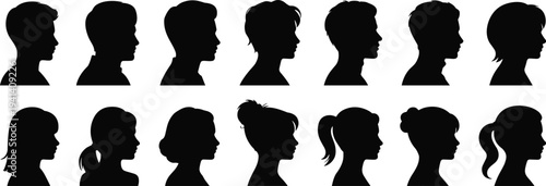 Collection of male and female head silhouette profiles, diverse people side view portraits, human face shadow icons set, vector illustration