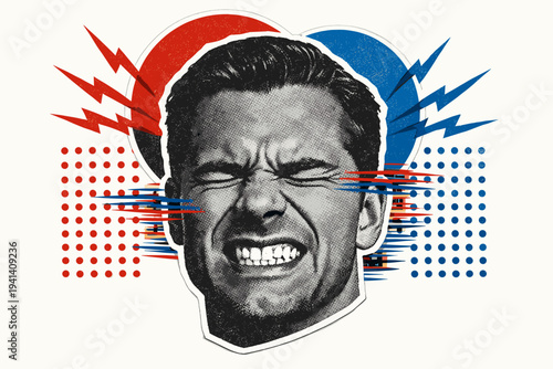 Close-up black and white face with eyes closed and clenched jaw, retro magazine texture, layered abstract circles, vibrating lines and repeating dots in blue