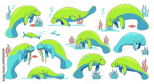 Adorable Manatee Family Swimming Underwater in Tropical Sea, Cute Marine Mammals