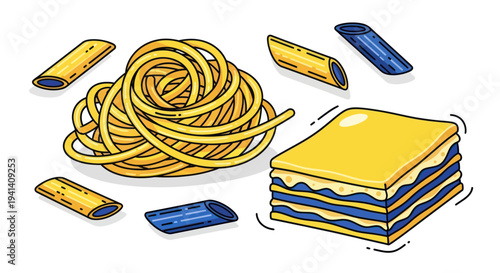 Assorted Pasta Shapes: Spaghetti Nest, Penne, and Lasagna Layers