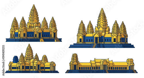 Angkor Wat Temple Complex Icons: Set of Khmer Architectural Landmarks