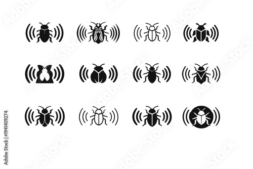 Animal communication. Icon set. Set Logo of Animal communication: insect vibration lines. harmonious logo variations of the same emblematic concept, each with