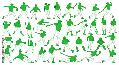 Baseball Players Silhouette Collection: Pitching, Batting, Fielding Poses on White Background