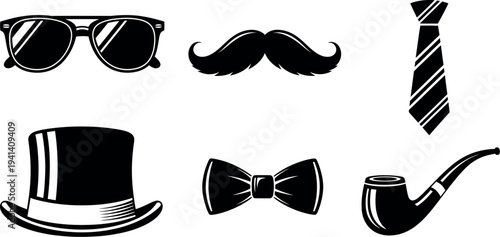 Father's day accessories glasses mustache tie top hat bow tie and pipe