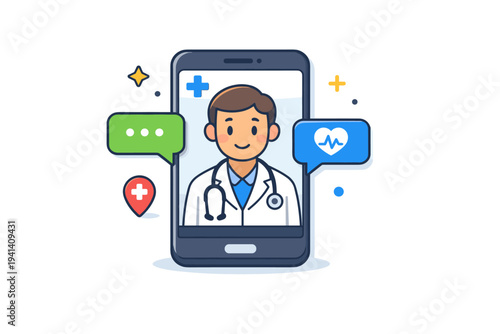 Telemedicine consultation focused on a smartphone screen with a friendly doctor avatar and chat bubbles, conveying accessible healthcare, trust, and remote