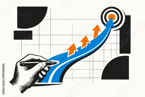 Black-and-white retro hand drawing a strategic roadmap on paper, bold flat blue path line curving upward toward a circular target icon, contrasting orange