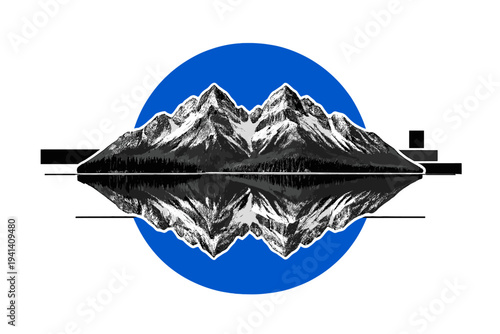 A black-and-white retro photograph of symmetrical mountain peaks mirrored perfectly in a calm lake, cut-out with a subtle white outline, layered over a bold
