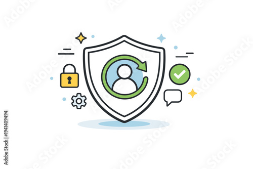 Secure account restoration. A shield icon combined with a refresh arrow and user avatar, surrounded by soft decorative elements. The scene suggests protection