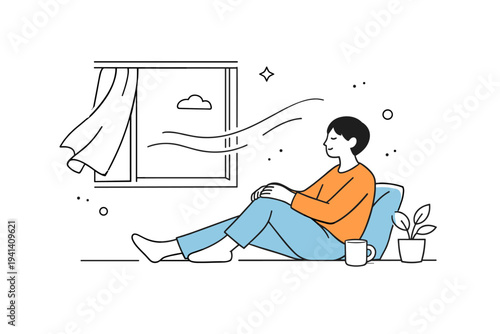 Quiet environment. A minimal interior with a person resting near a window, soft lines suggesting light and fresh air. The scene communicates stillness and