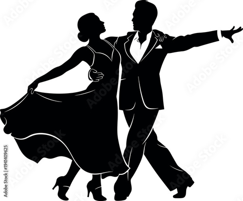 Elegant Black and White Silhouette of a Ballroom Dance Couple Performing a Passionate Waltz Tango or Salsa in Formal Attire.