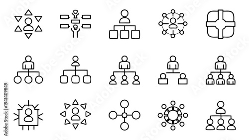 Thirty white outline icons representing corporate partners and collaborative roles are displayed in a precise grid formation on a black background.