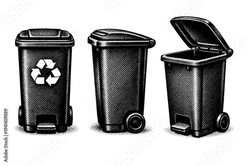Recycling Bin ? realistic recycling bin with foot pedal and lifting lid mechanism. Black and white dot style with halftone texture and high contrast. Halftone