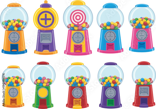 Colorful gumball vending machines set with bubble gum candy dispensers, retro sweet snack machines isolated vector illustration collection