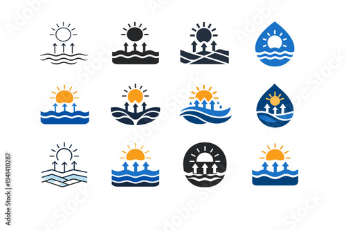 The water cycle and its importance. Icon set. Set Logo of The water cycle and its importance: evaporation sun-water symbol. harmonious logo variations of the