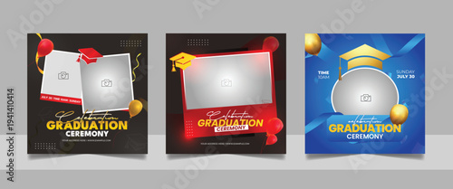Graduation event greeting social media post education celebration square flyer wishes banner template with photo frame design set