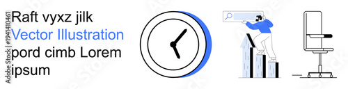 Business planning, productivity, time tracking, office setup, workplace strategy, and growth tracking. Clock, bar graphs search icon and office chair . Business growth and productivity concept