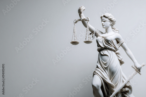white marble statue of lady justice isolated on clean white background, soft studio lighting, minimal legal concept