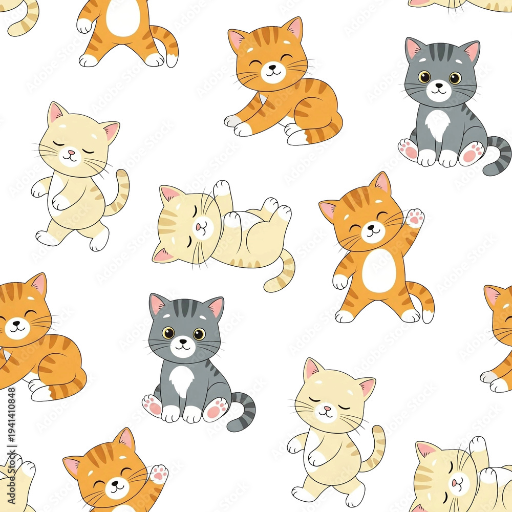 Obraz premium Cute kittens seamless pattern playing on white background