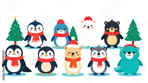 Adorable arctic animal characters group with penguin seal polar bear and walrus wearing winter accessories in a cute flat vector design