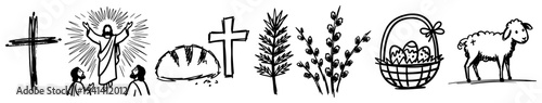 Religious Easter symbols set with cross risen christ bread pussy willow and lamb in hand drawn doodle style
