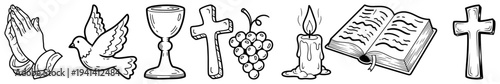 Religious symbols including bible and praying hands hand drawn sketch style