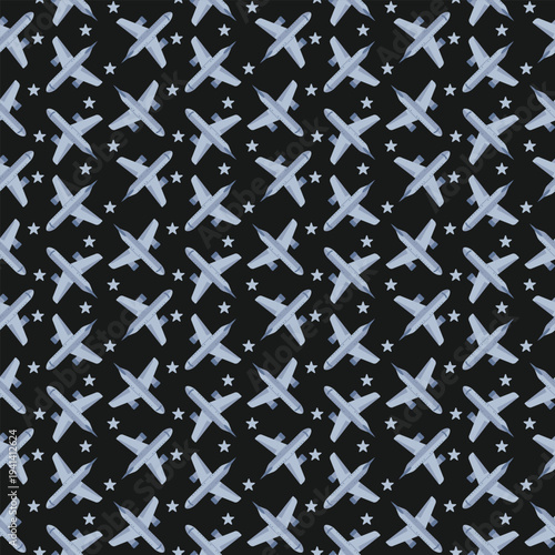 Repeating pattern of grey aircraft and bright stars perfect for aviation decor. Air travel pattern