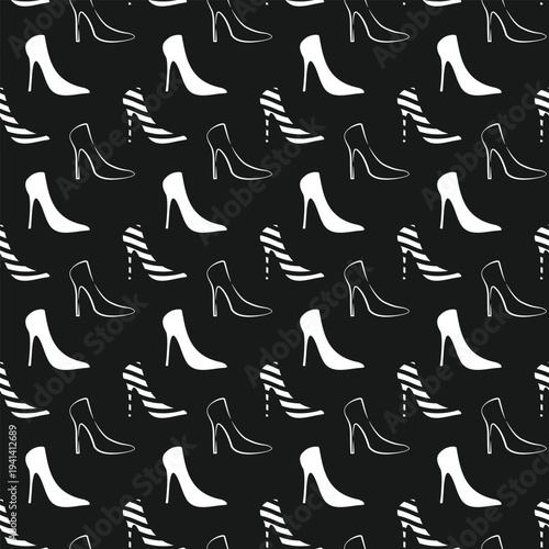 White high heel shoe seamless pattern on black background for fashion. Trendy footwear pattern