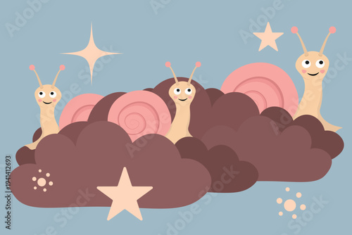 Cute snails in dark clouds. Adorable mollusk sitting on cloud for children textile print. Sleeping theme