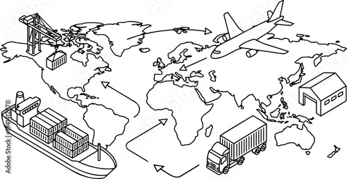 Isometric line art vector of global supply chain with cargo ship, airplane, truck, and world map
