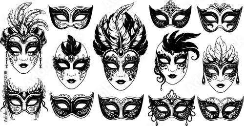 Elegant Masquerade Mask Silhouette Set - Ornate Lace Patterns for Carnival, Rio and Gothic Festivals Vector