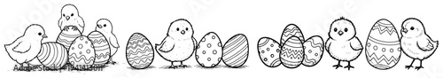 Easter chicks with decorated eggs in hand drawn doodle style