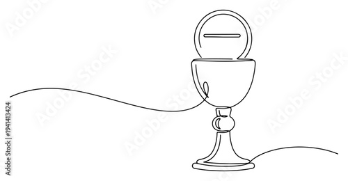 Holy communion chalice with eucharist host in hand drawn continuous line art style