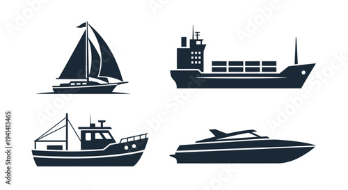 Various sea vessels depicted in a stark black silhouette
