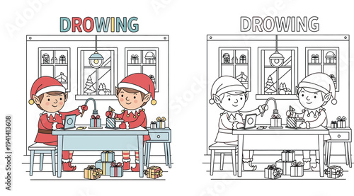 Cute Christmas elves wrapping gifts in Santa's workshop. Vector illustration featuring a full-color version and a black-and-white outline coloring page.