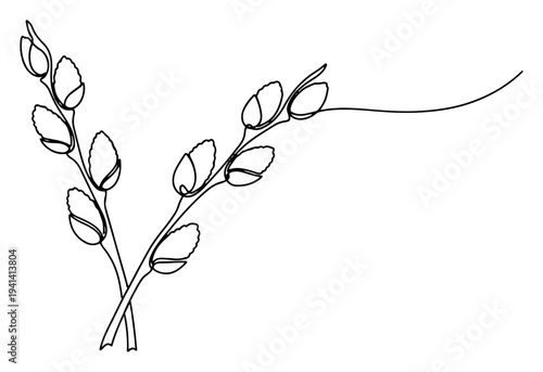 Pussy willow branches for Easter celebration in hand drawn continuous line art style