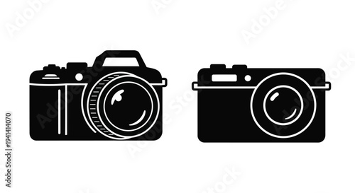 Two vintage camera designs presented as a striking black silhouette