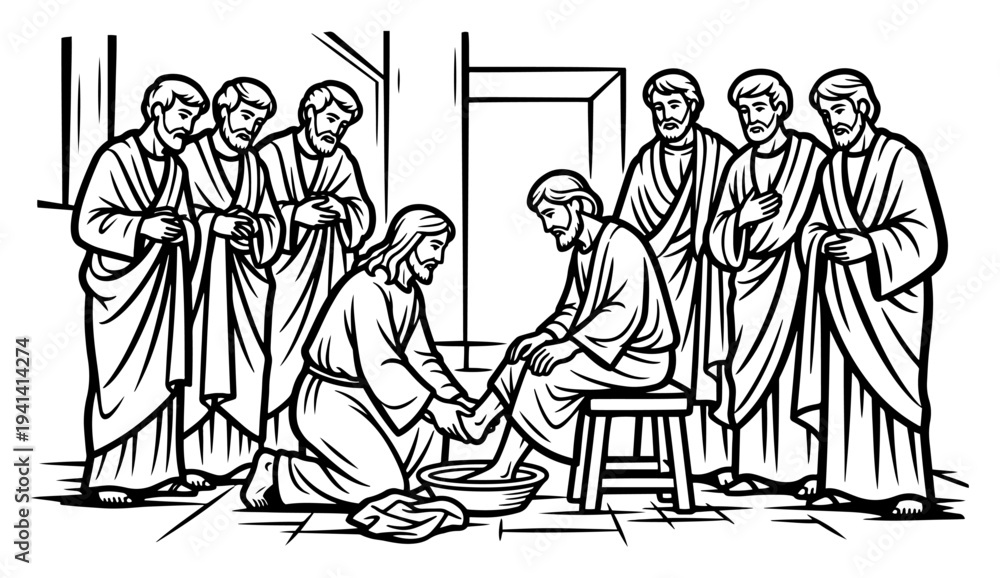 Αυτοκόλλητο Jesus washing feet of disciples during last supper in biblical line art style