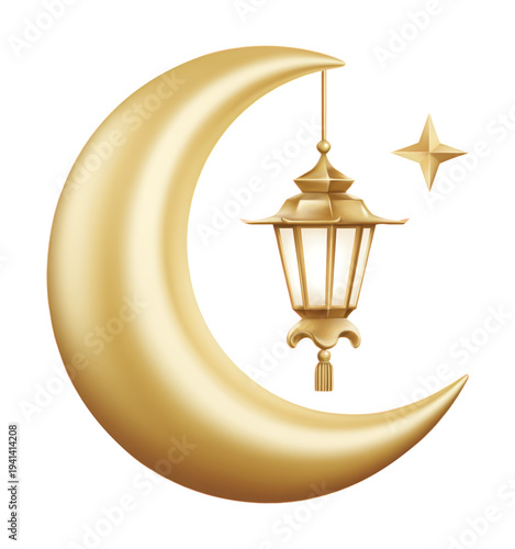 3D Golden Crescent Moon with Hanging Lantern and Star Islamic Ramadan Decoration