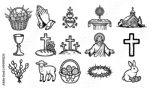 Religious and Easter icons set including Jesus and cross in hand drawn sketch style