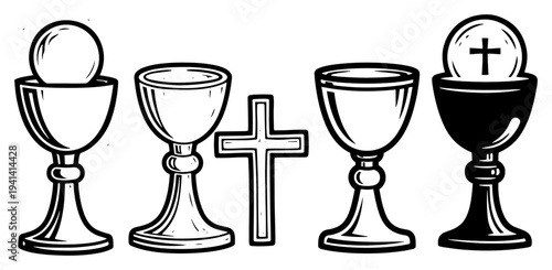 Holy communion chalices with host and cross icons in vintage engraving style