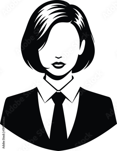 A minimalist black and white illustration of a woman in business attire