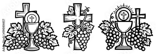 Christian religious symbols featuring chalice cross and grapes in vintage woodcut style