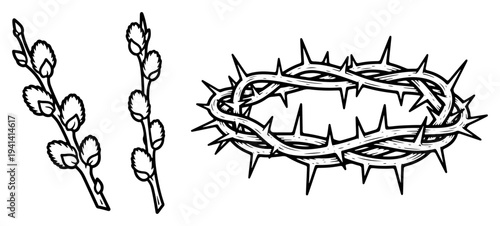 Crown of thorns and pussy willow branches in hand drawn sketch style