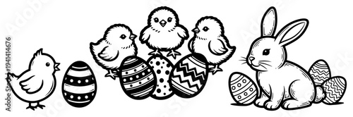 Easter bunny and chicks with decorated eggs in hand drawn sketch style