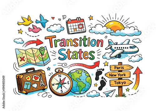 Colorful doodle illustration of travel and transition states with airplane, map, and suitcase