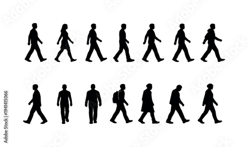 Collection of diverse human silhouettes walking in profile against a white background