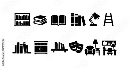 Collection of icons representing books, furniture, and study elements for a library or home office