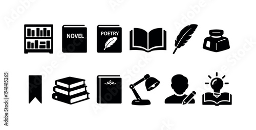 Collection of black icons representing literature, writing, and education concepts