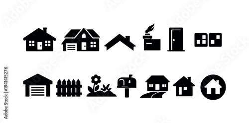 Minimal black house and home icons set with mailbox garage fence door window and roof silhouettes