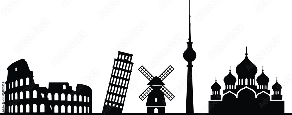 Εκτύπωση καμβά Black silhouette illustration of Colosseum Leaning Tower Pisa windmill Berlin TV